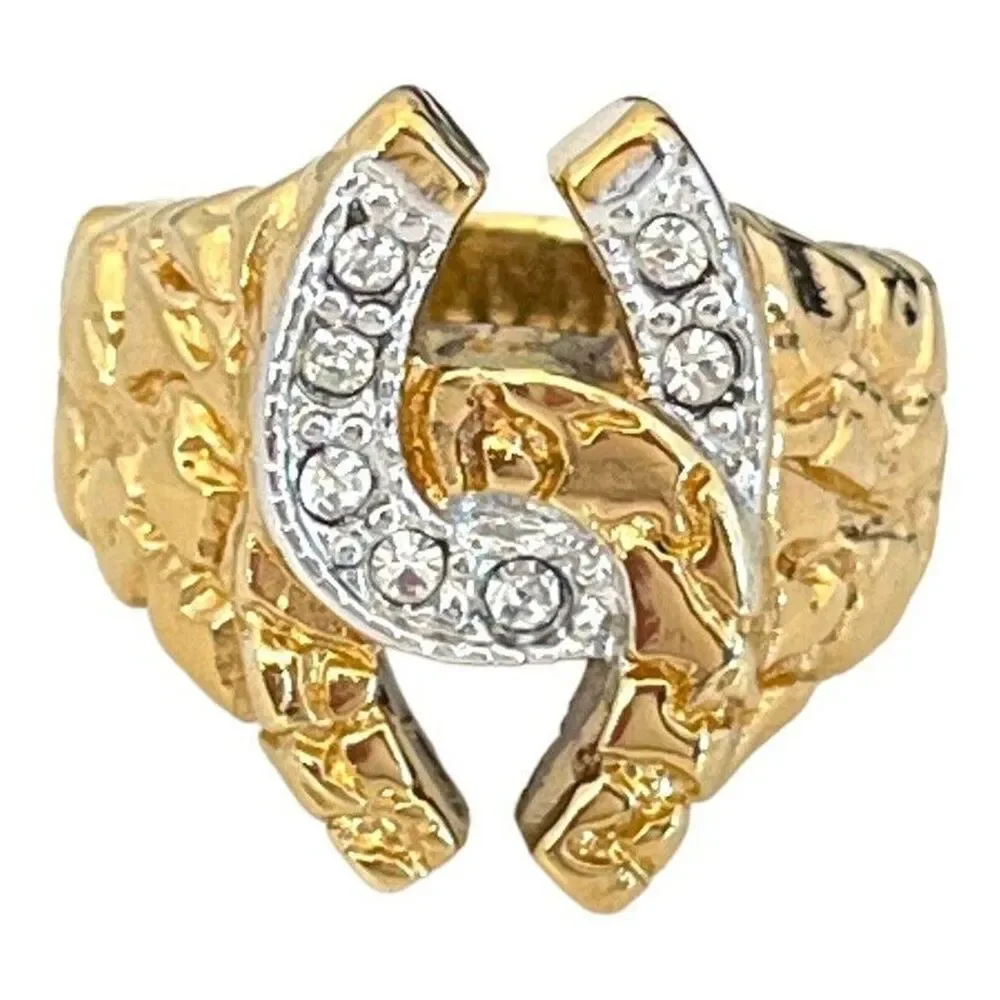 Vintage 1980s Ring Size 11 Horseshoe Nugget Textured CZ Gold Plated - 14P